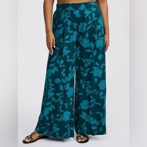 Torrid Teal Two Tone Floral Hi Rise Pull On Wide-Leg Pants